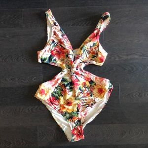 One piece floral cut out bathing suit